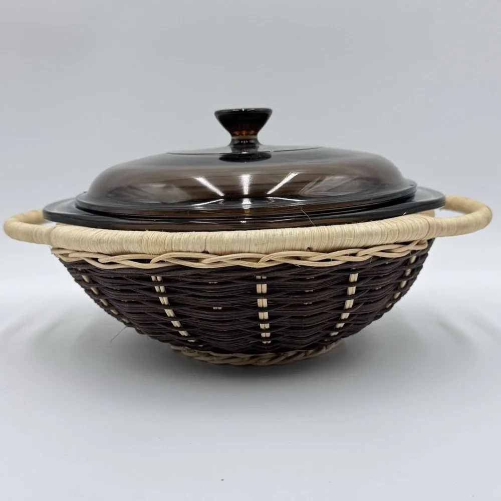 VTG RARE Pyrex 023-N Amber Round 1.5 qt Casserole Baking Dish Lid & Basket 623CB